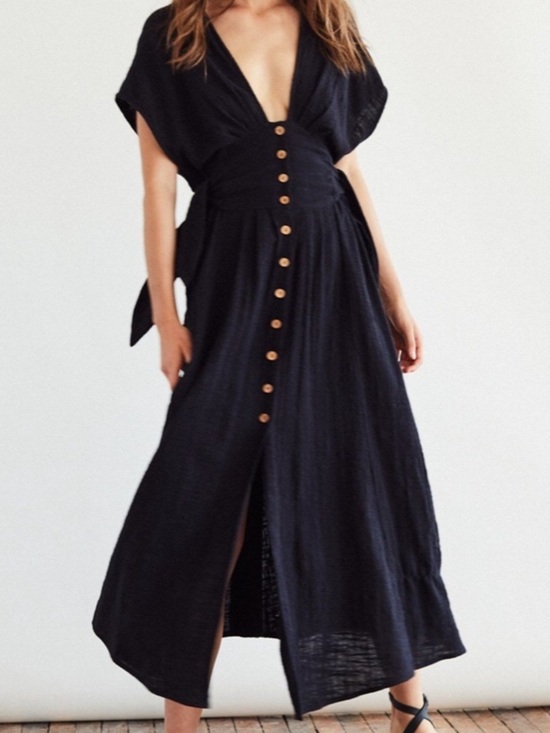 Free People Dresses & Skirts - Free People Jacinta Dress Small Black with Wooden Buttons 100% cotton